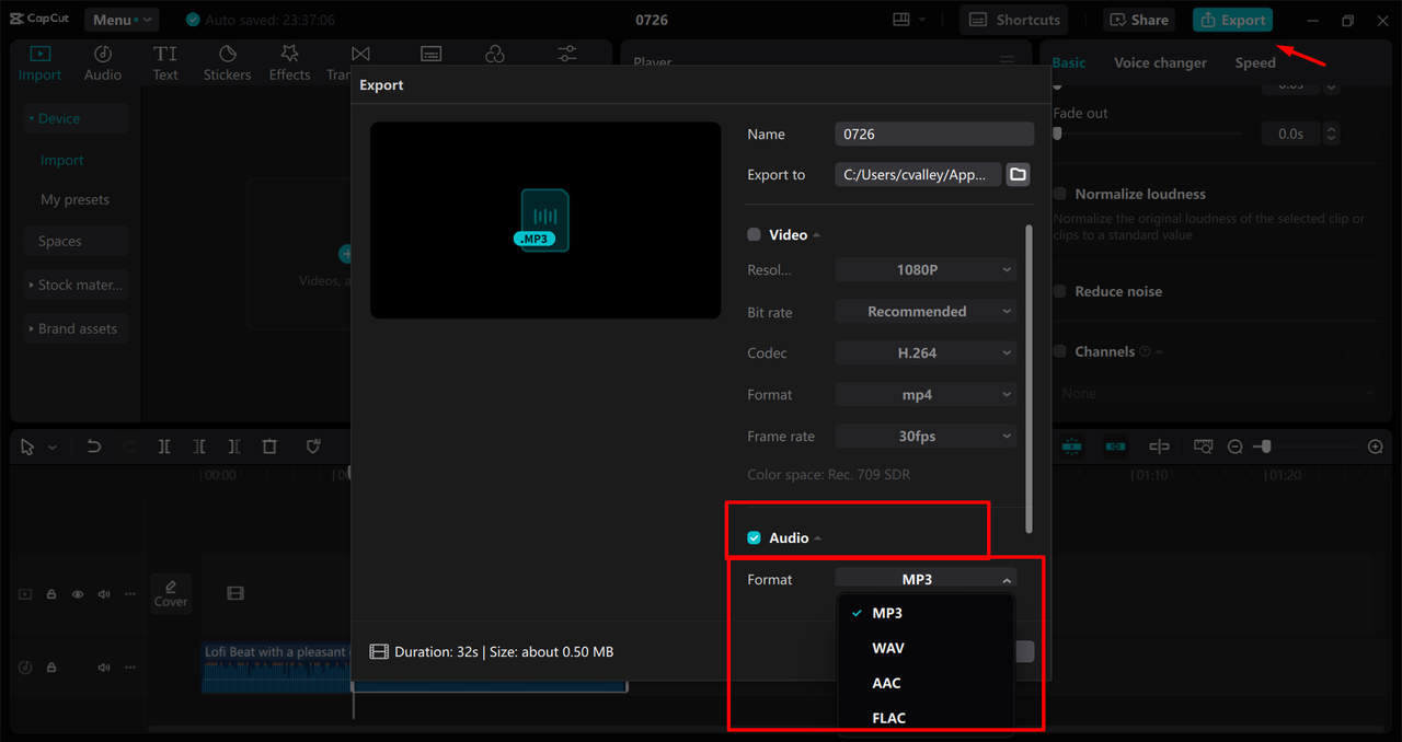 Exporting audio files from the CapCut desktop video editor