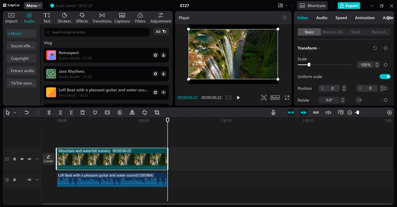 Editing interface of the CapCut desktop video editor - a perfect tool to enhance wide-angle shots in post-editing