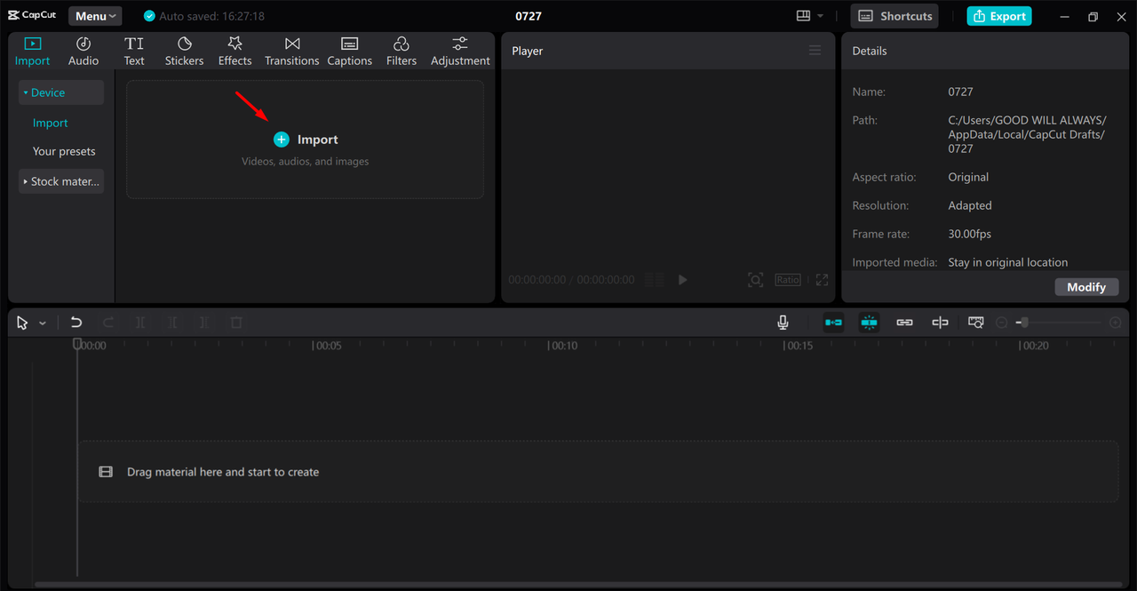 Importing a wide angle shot from the CapCut desktop video editor