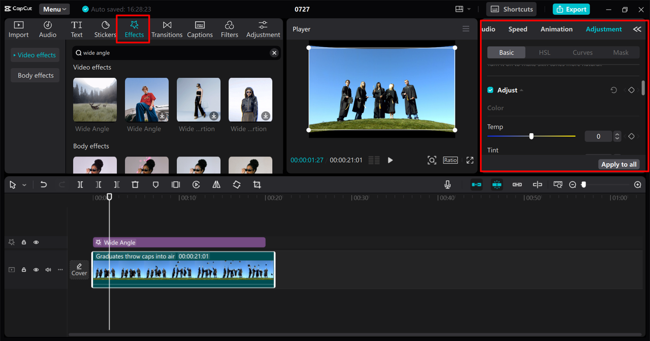 Editing the wide shot in the CapCut desktop video editor