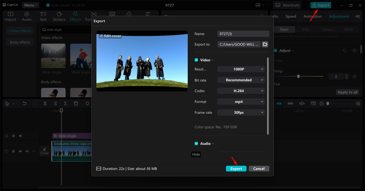 Exporting video from the CapCut desktop video editor