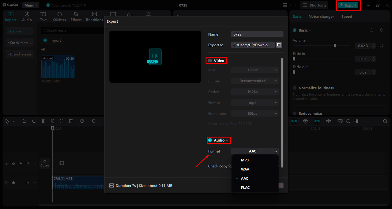  Exporting audio after compression in the CapCut desktop video editor 