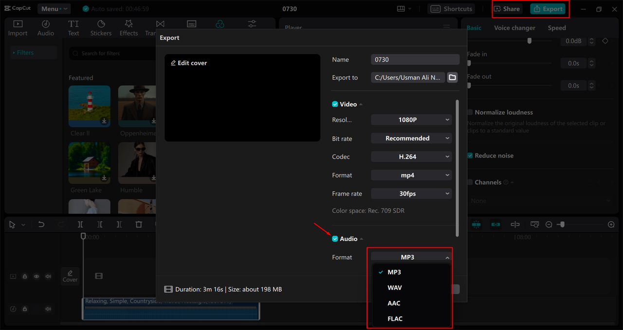 Exporting compressed audio from CapCut desktop video editor