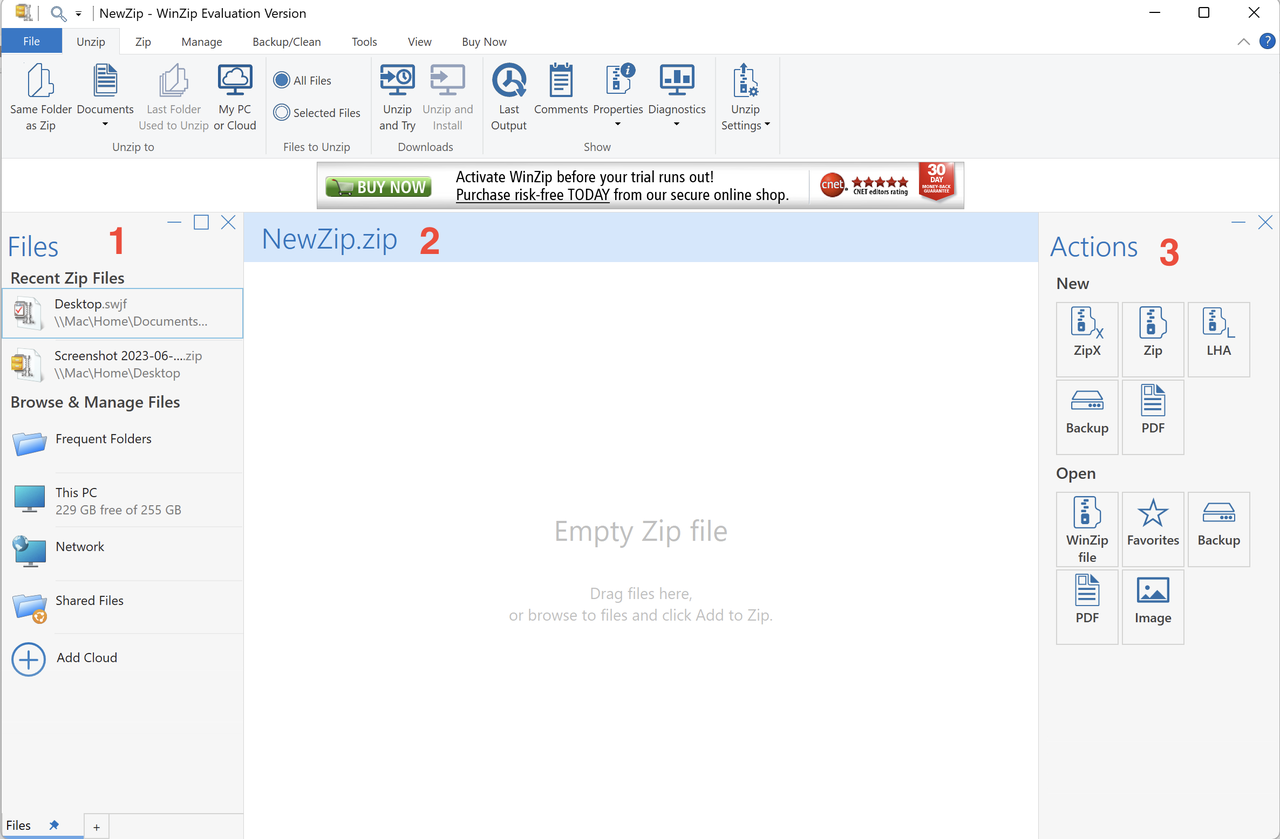 Interface of WinZip- compress audio files in minutes