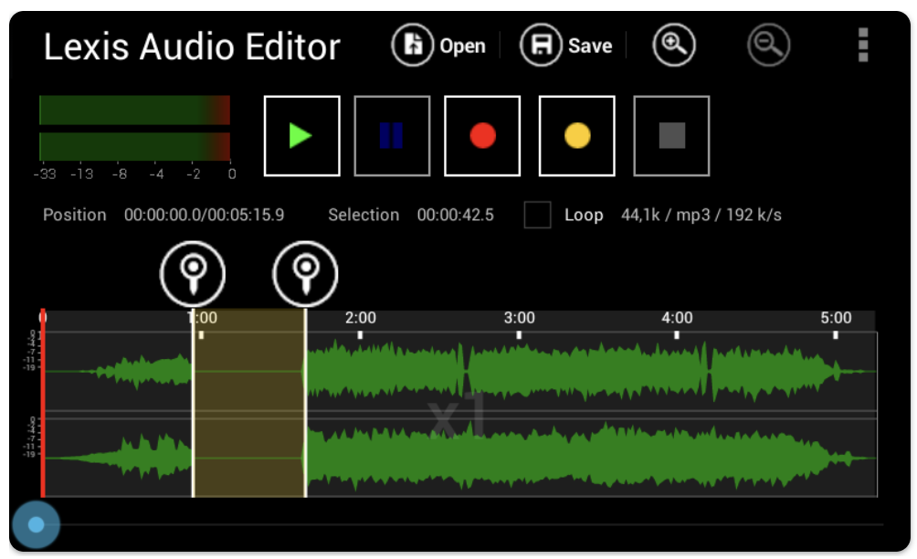 Interface of Lexis Audio Editor - easily compress audio files to smaller size