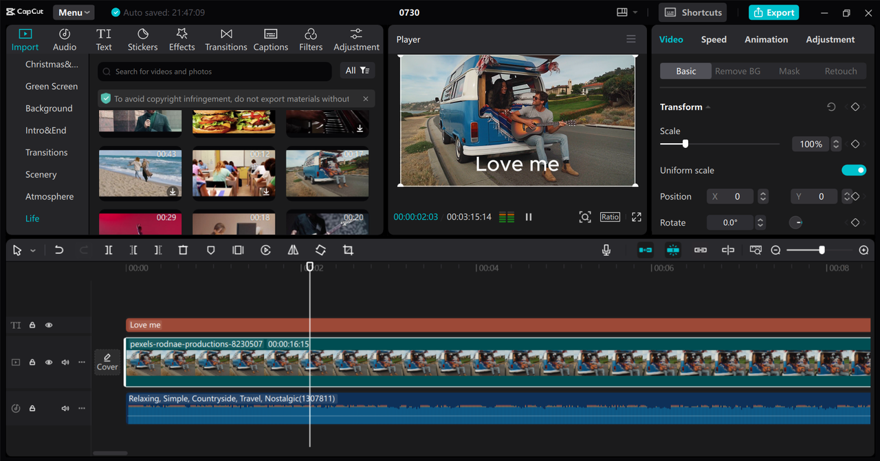 Editing interface of the CapCut desktop video editor - a perfect tool for editing audio files