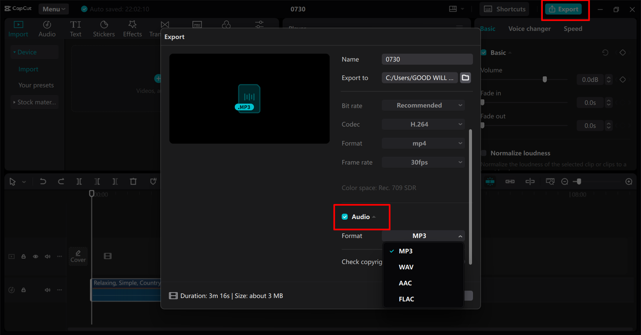 Converting the audio format in the CapCt desktop video editor