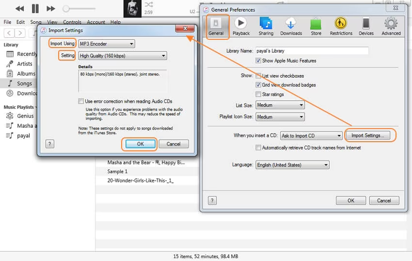 Interface of iTunes showing how to create MP3 from CD