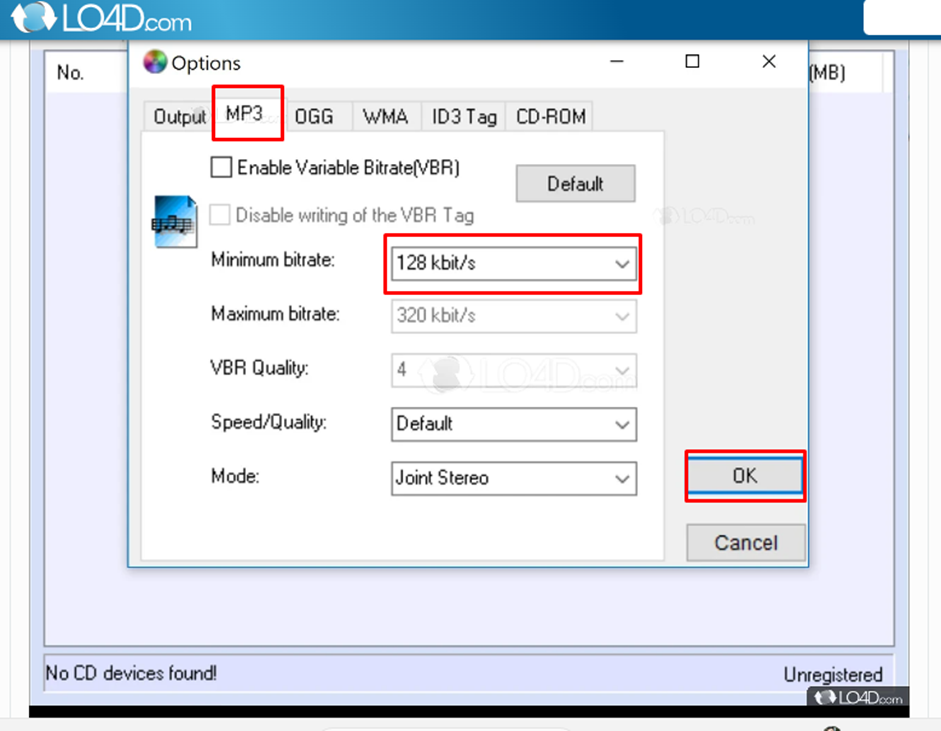 Interface of LO4D showing  how to convert CD audio track into MP3