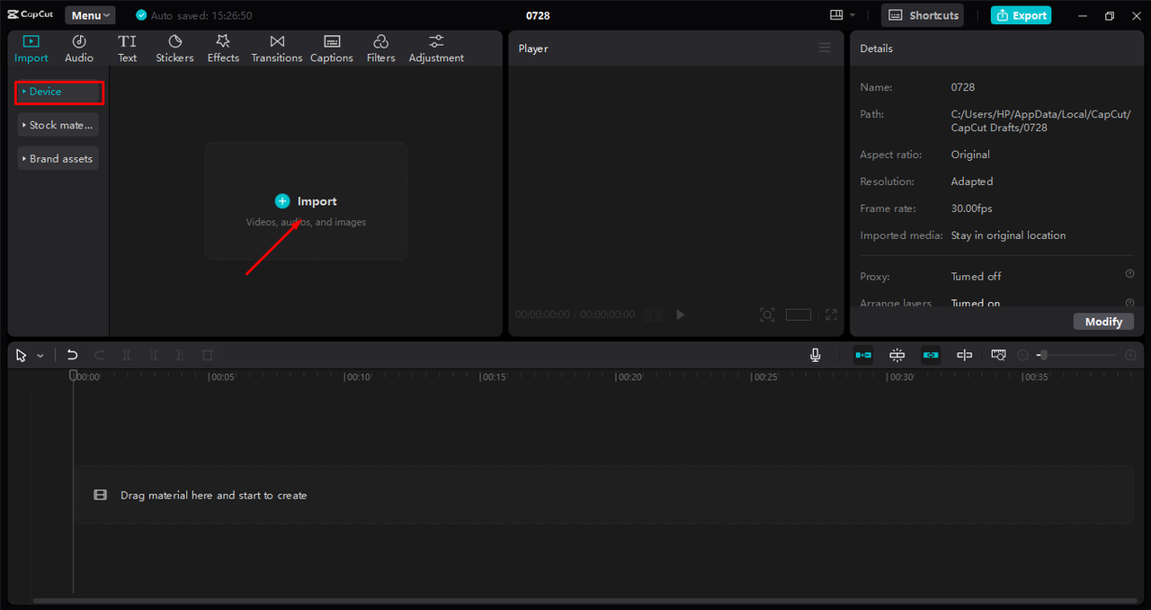 Uploading the audio file in the CapCut desktop video editor