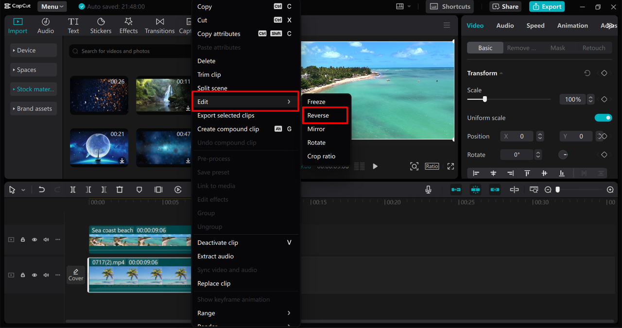 Reversing and extracting audio from video in the CapCut desktop video editor