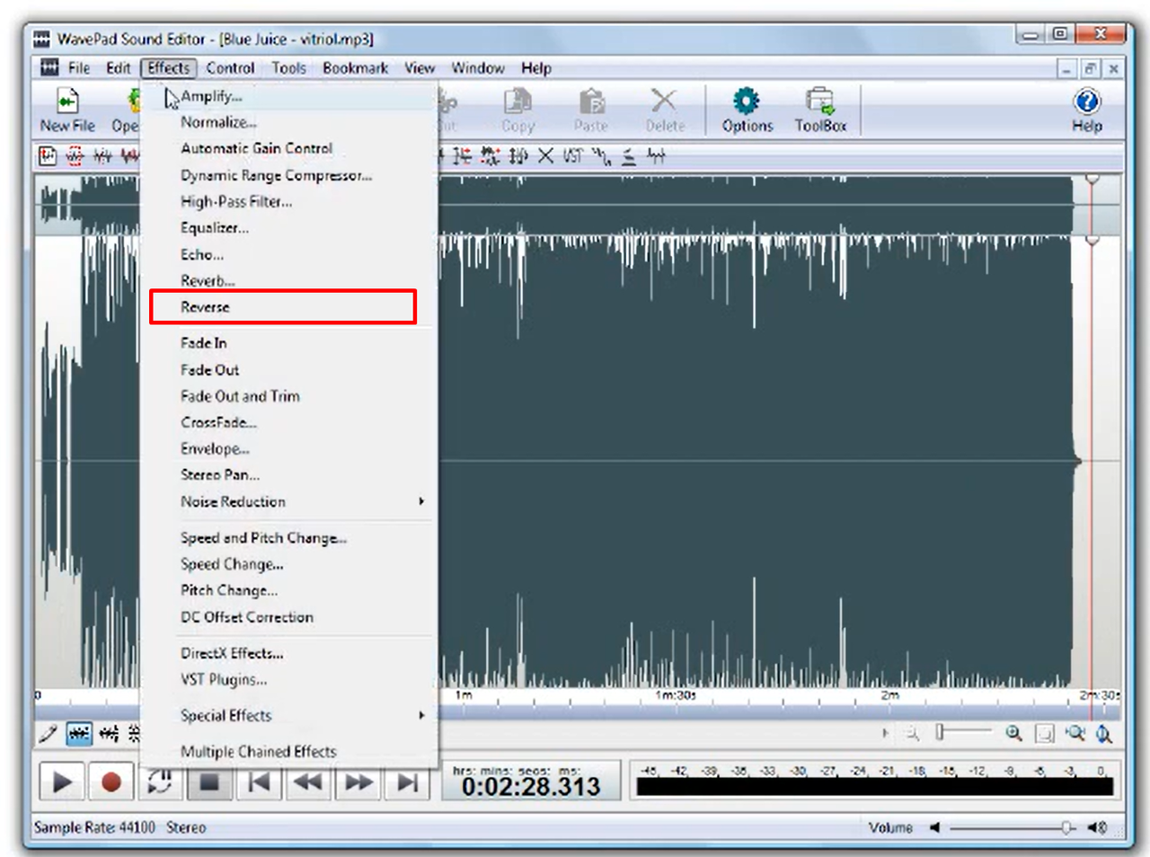 Interface of the WavePad Sound - a well-known MP3 reverser