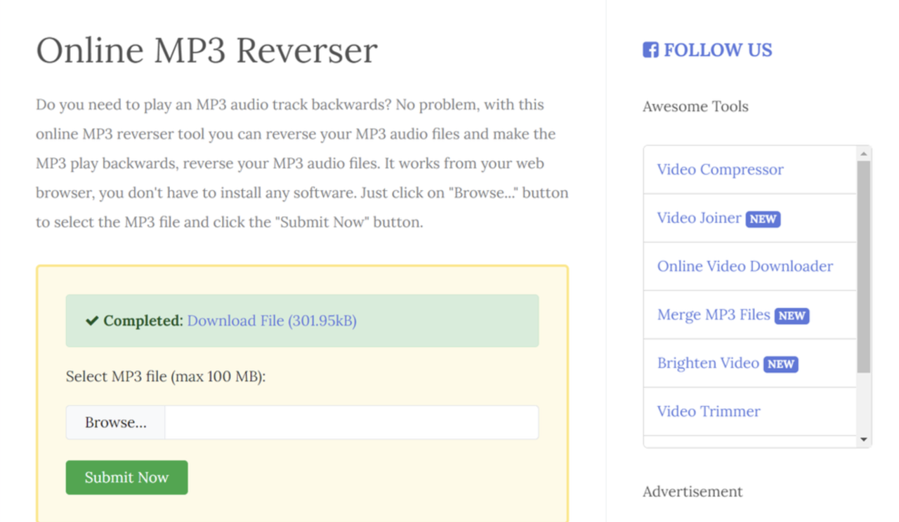 Interface of the FileConverto - a perfect online MP3 reverser