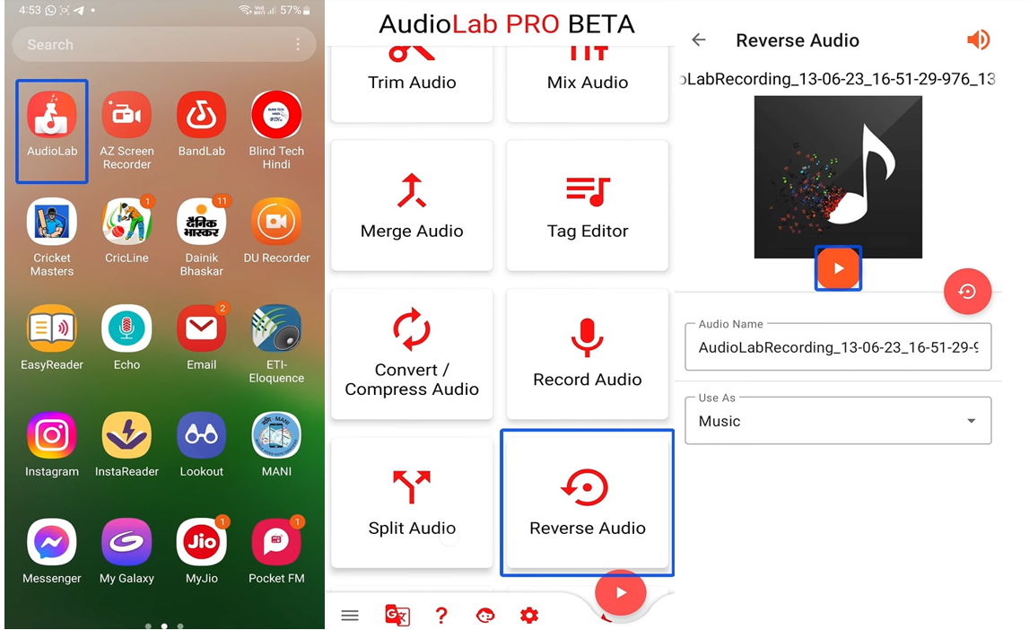 Interface showing reversing MP3 file in the AudioLab mobile app