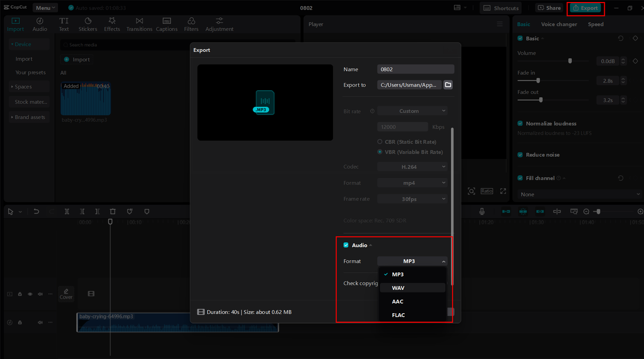 Minimize MP3 file size and export audio to CapCut desktop video editor