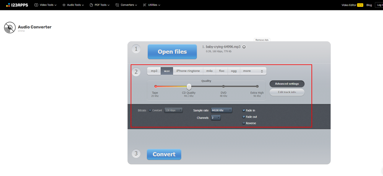 Select the setting to minimize MP3 audio file