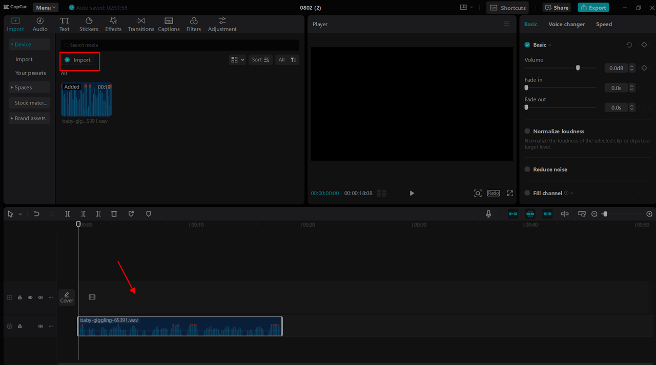 Importing the Wav audio file into CapCut desktop video editor