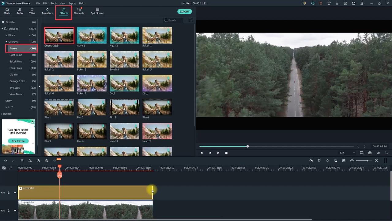 Interface of the Filmora - the popular video editor to add the cinematic bar