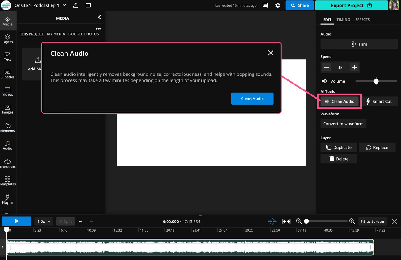 Interface of Kapwing - the perfect noise reduction video online tool