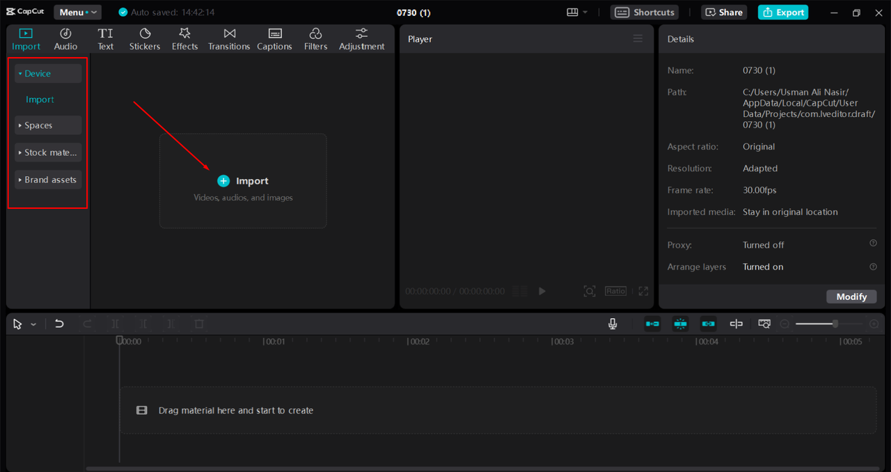 Importing the video into the CapCut desktop video editor