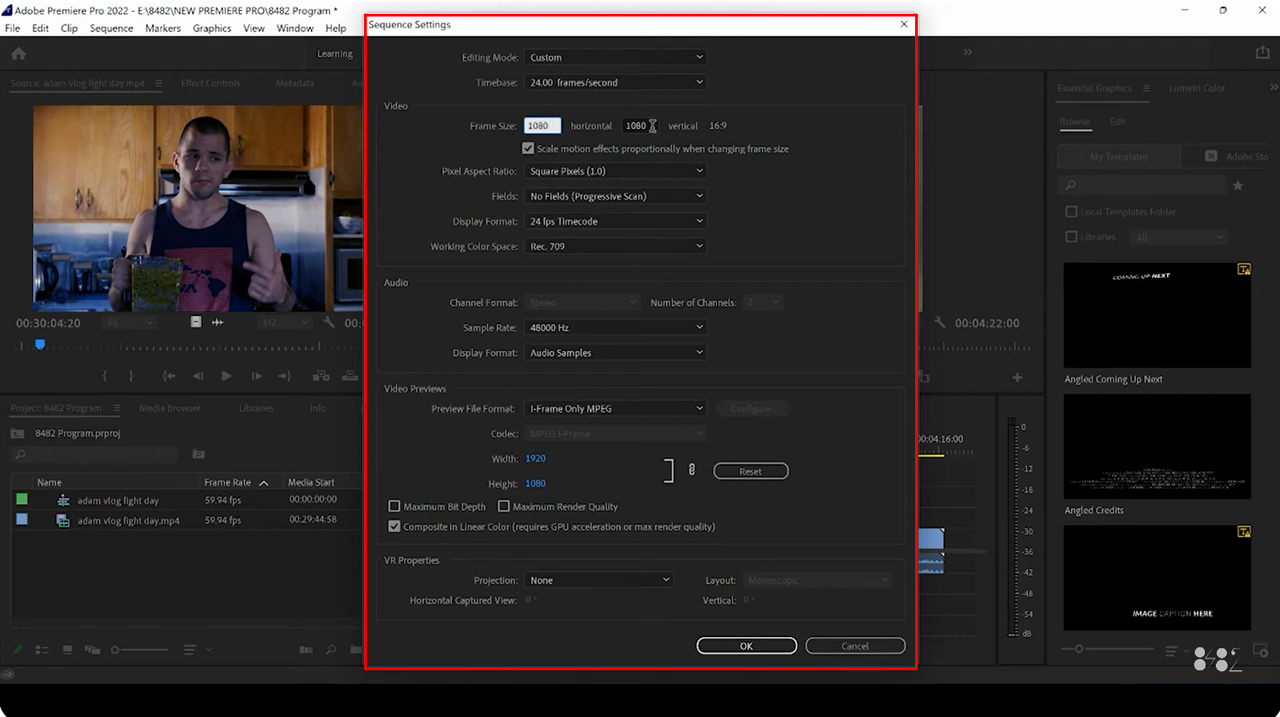 Adjusting the sequence and aspect ratio in premiere pro