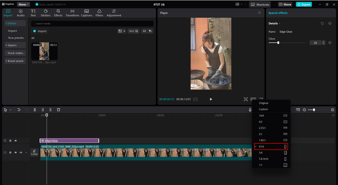 CapCut desktop video editor provides various aspect ratio options for videos