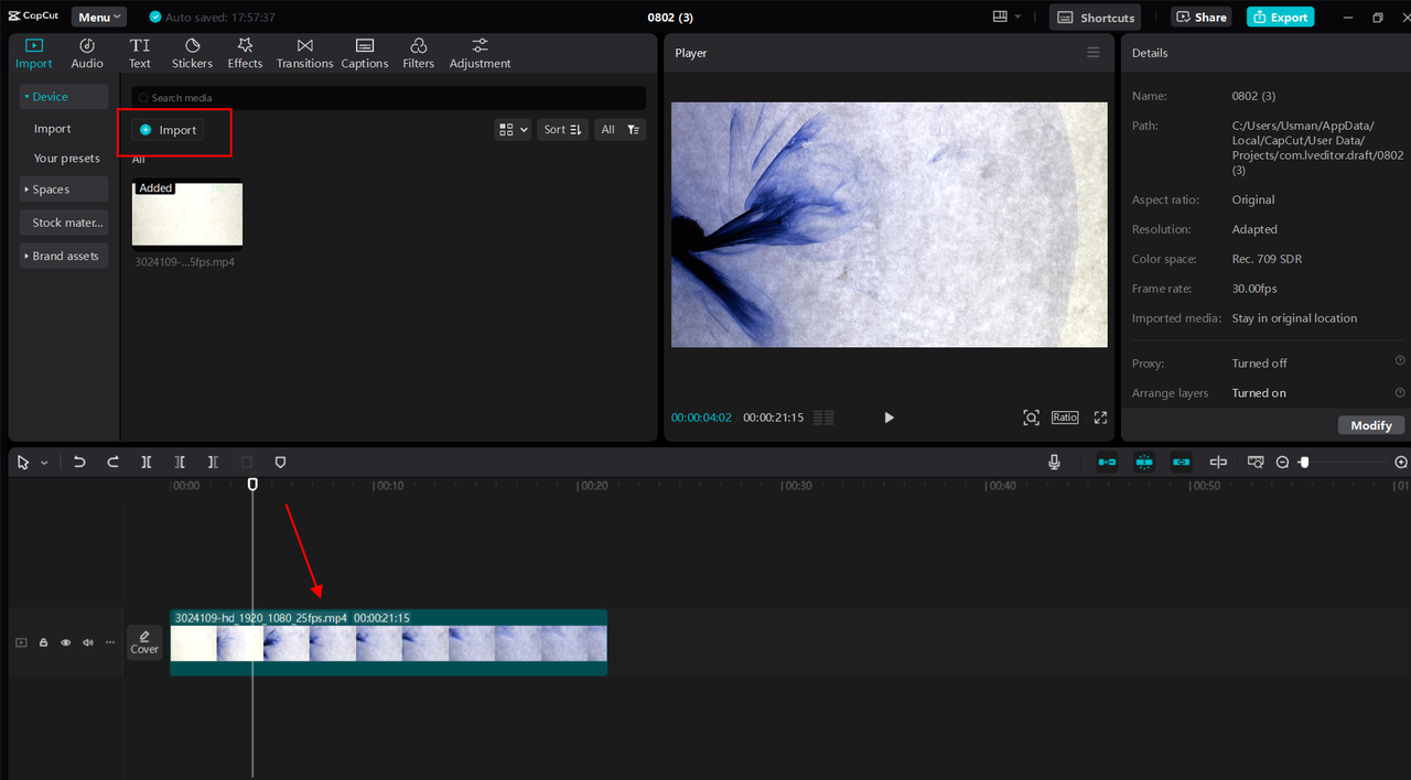 Importing the video to the CapCut desktop video editor