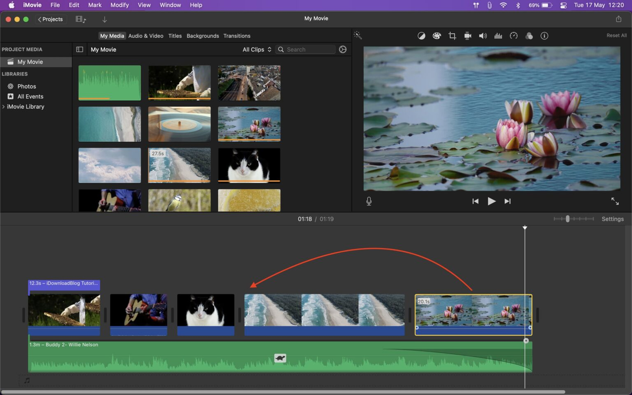 Dragging one video clip over another in iMovie on Mac