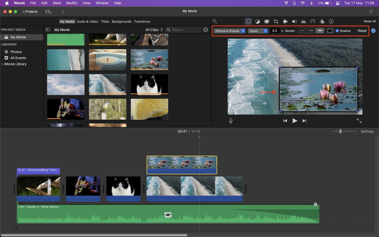 Adjusting the picture-in-picture window in iMovie on Mac