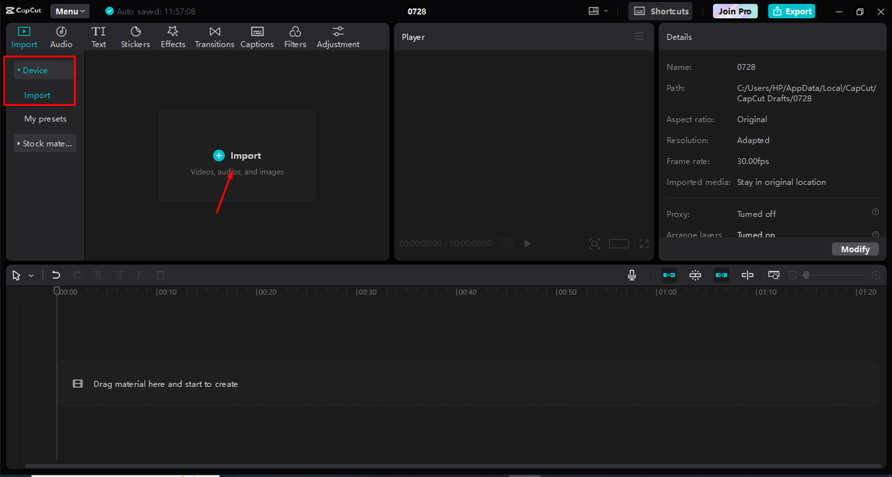 Uploading media to apply picture-in-picture effects in the CapCut desktop video editor 