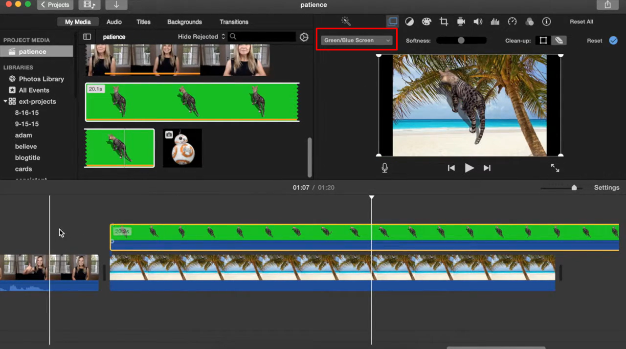 How to overlay clips in iMovie using the green screen effect