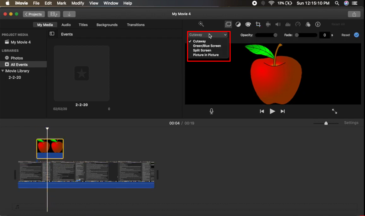 Selecting the picture-in-picture option in iMovie on Mac