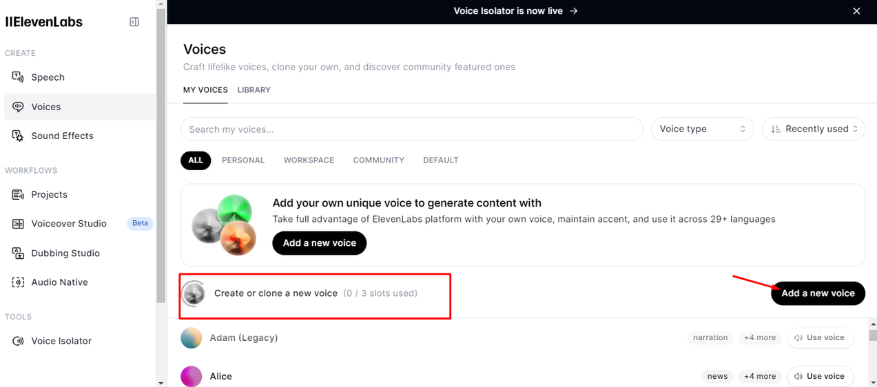 Interface of iElevenLabs showing AI voice cloning feature