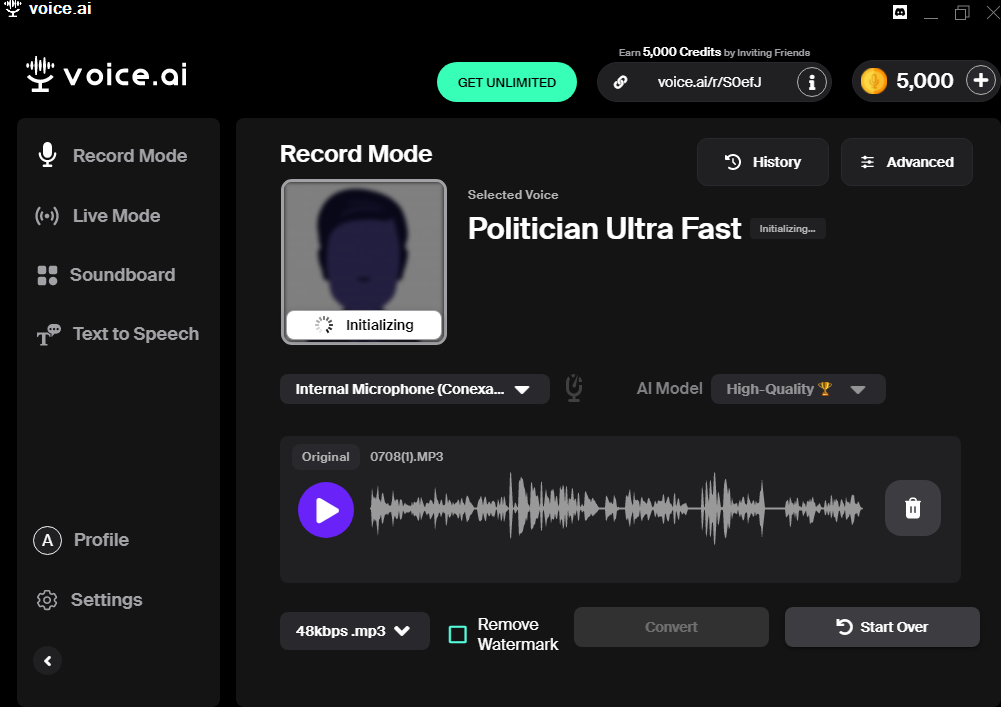 Interface of Voice.ai - a popular voice cloning software