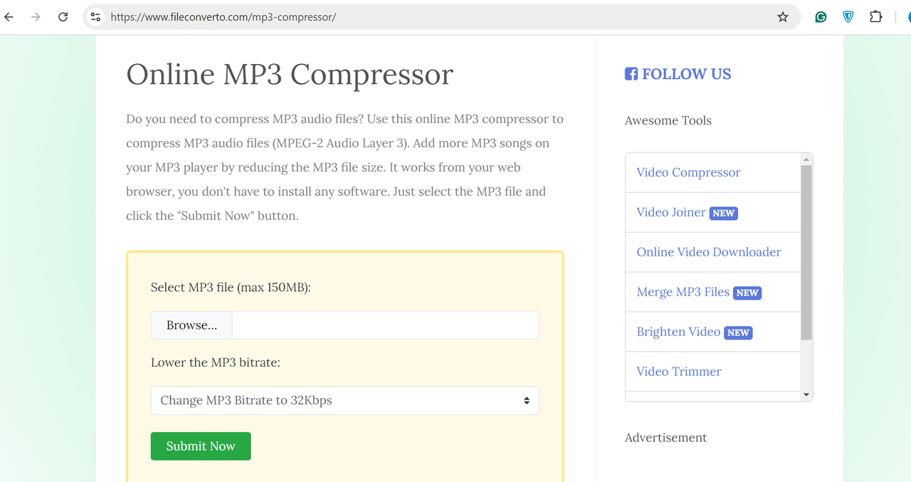 Interface of the FileConverto - one of the best MP3 compressors online