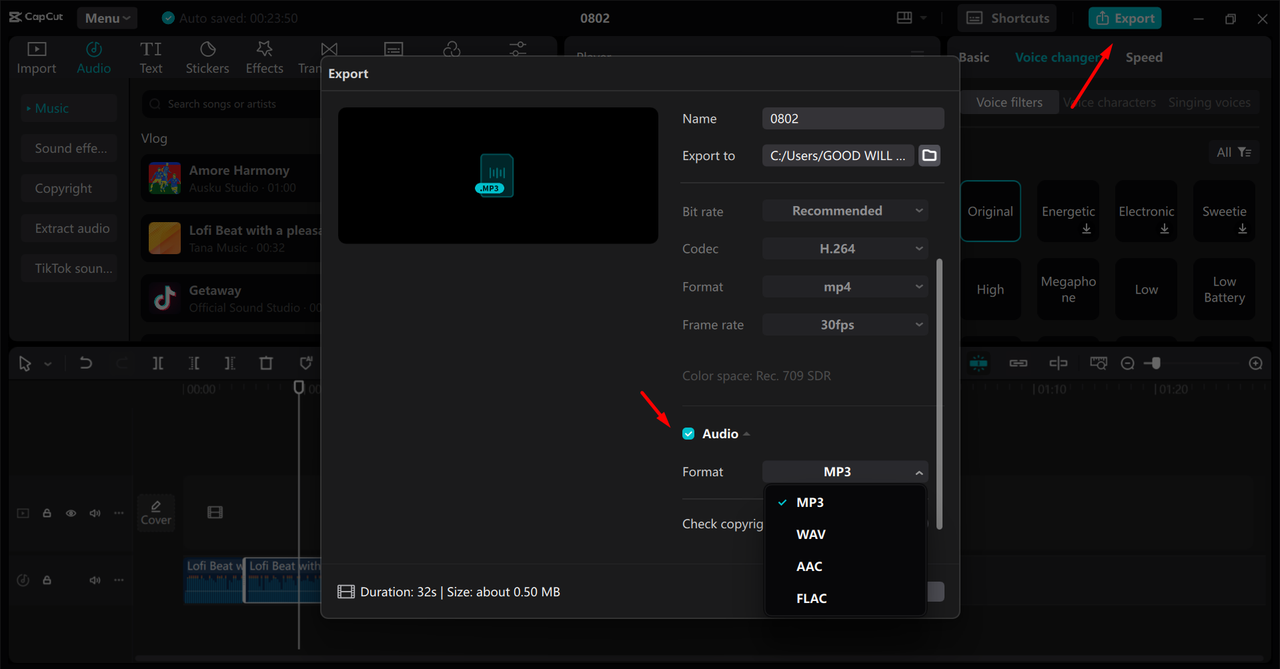 Exporting the compressed audio file from the CapCut desktop video editor