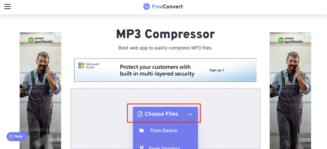 Interface of FreeConvert - a well-known free online audio compressor