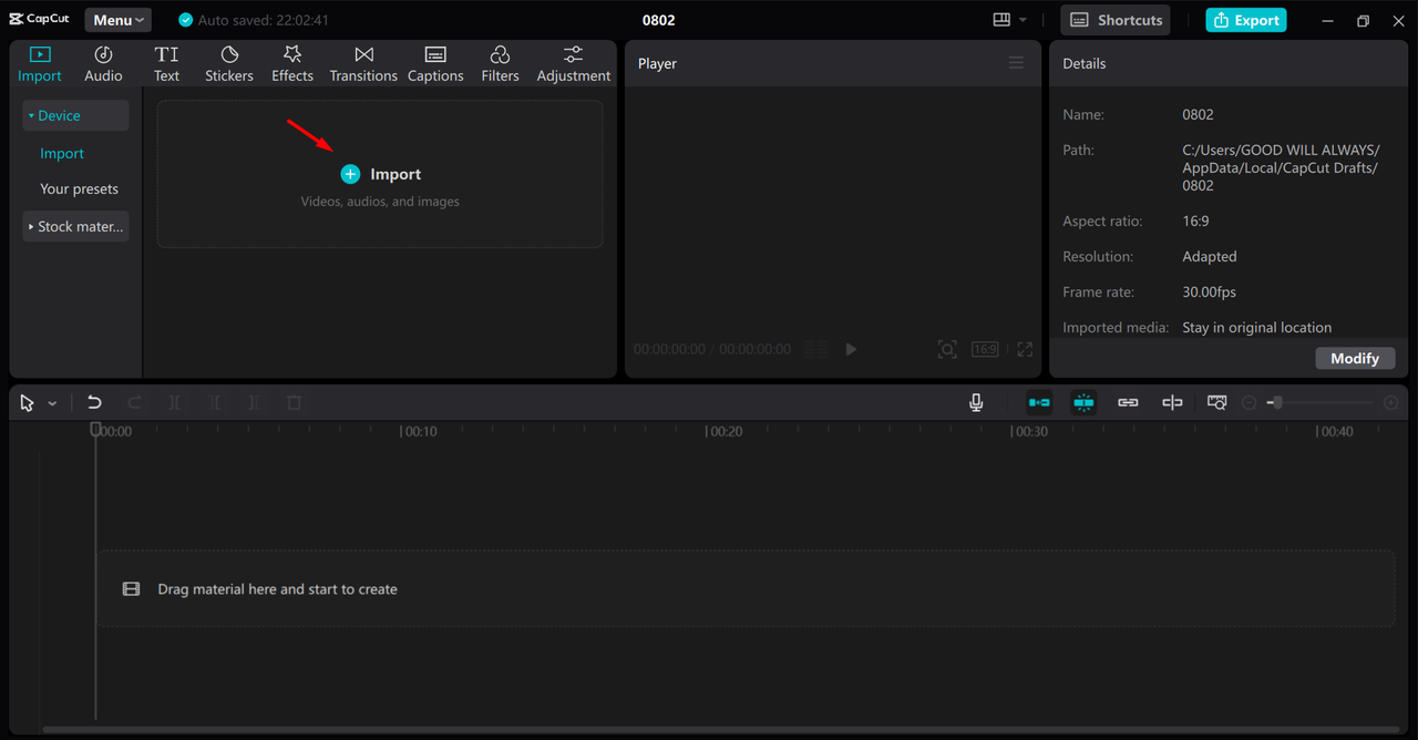 Importing an audio file from the device to the CapCut desktop video editor