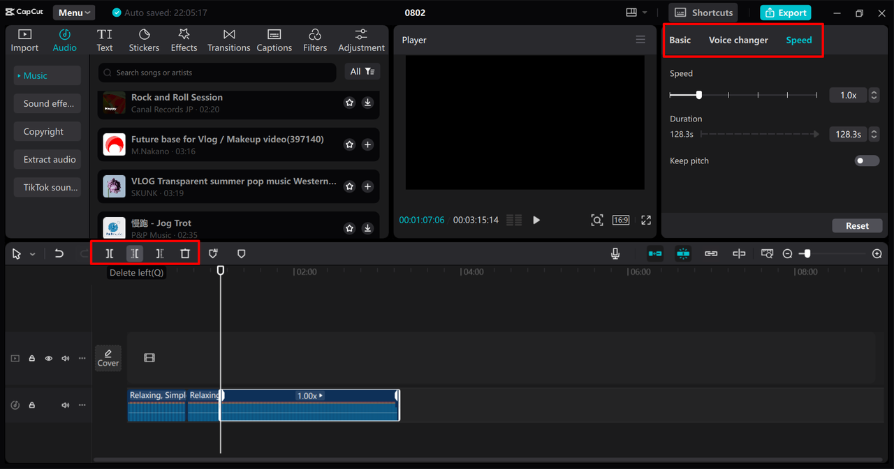 Reducing the audio file size by deleting unwanted segments in the CapCut desktop video editor