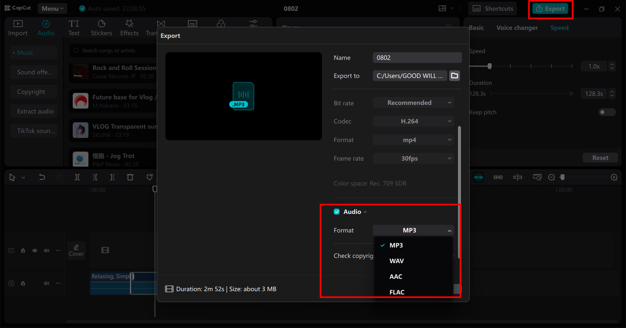 Exporting the compressed audio file from the CapCut desktop video editor