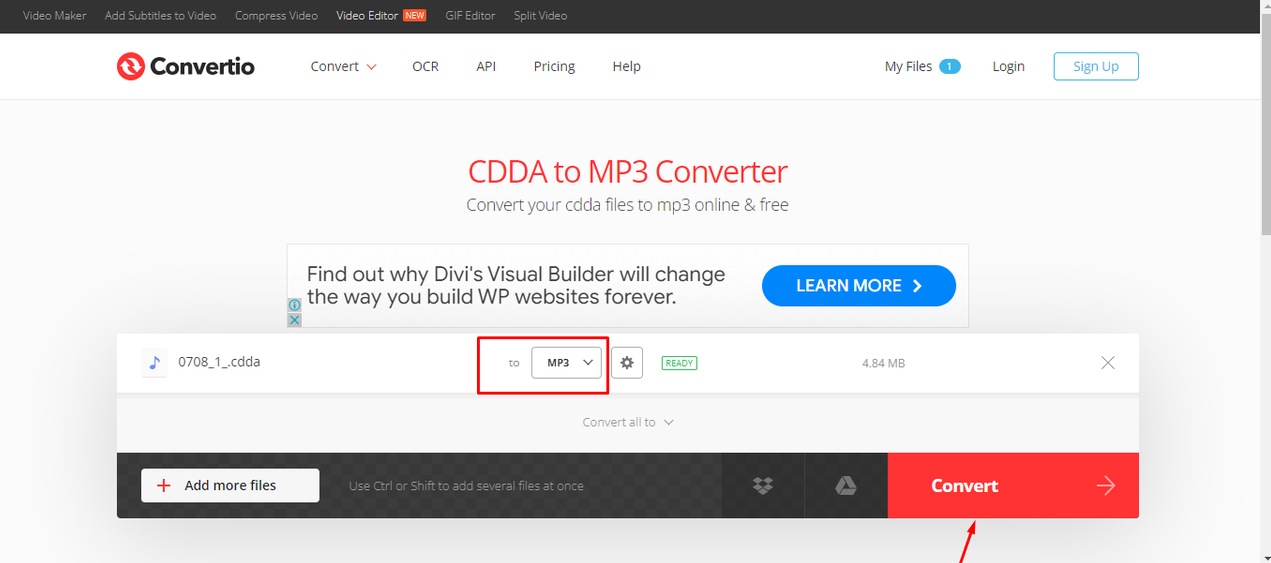 Interface of Convertio featuring how to convert a CDA file to MP3 online