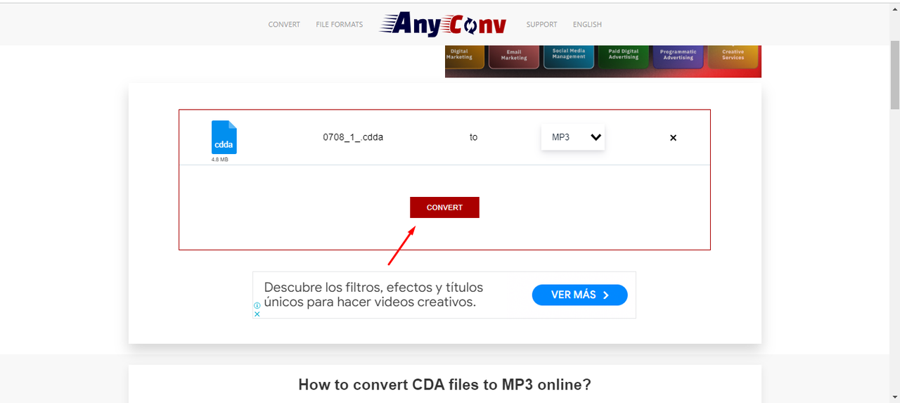 AnyConv interface showing how to convert CDA file to MP3 online