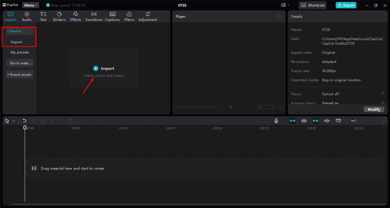 Uploading media to the CapCut desktop video editor 