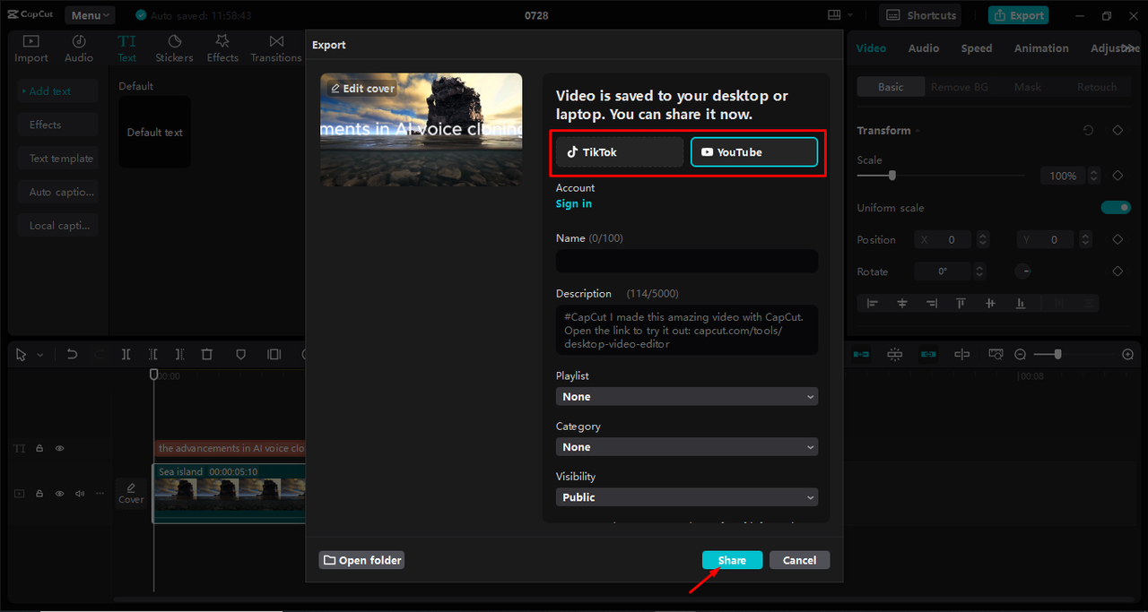 Sharing the media to platforms like YouTube from the CapCut desktop video editor 