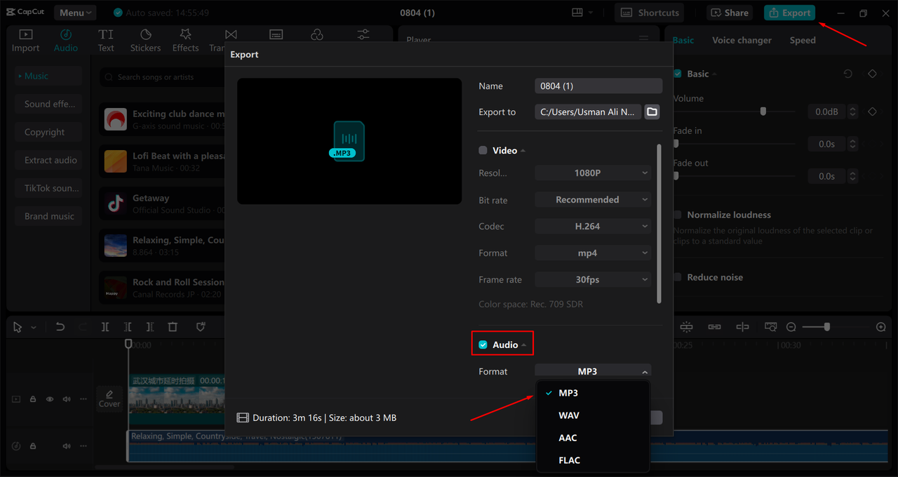 Exporting the vocals from the CapCut desktop video editor