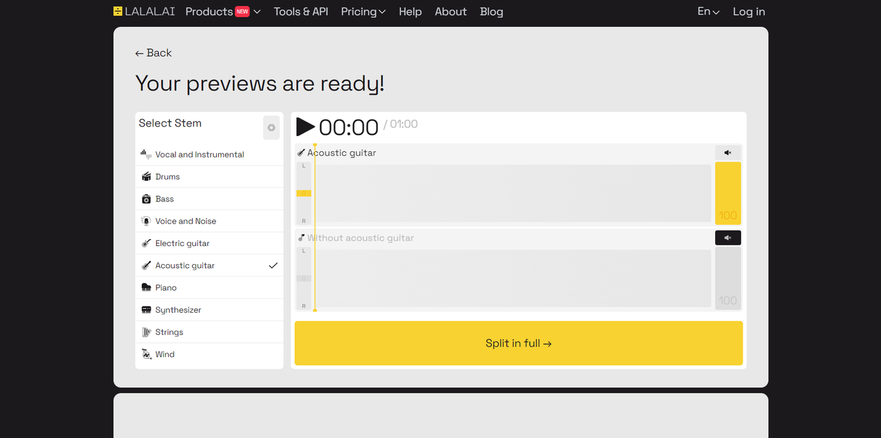 Interface of LALAL.AI - effectively split vocals from music