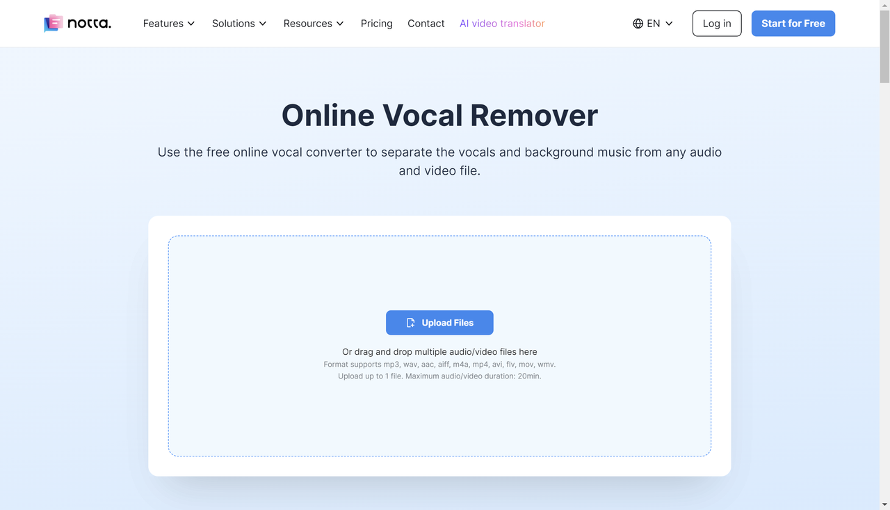 Interface of Notta - a free vocal remover to use