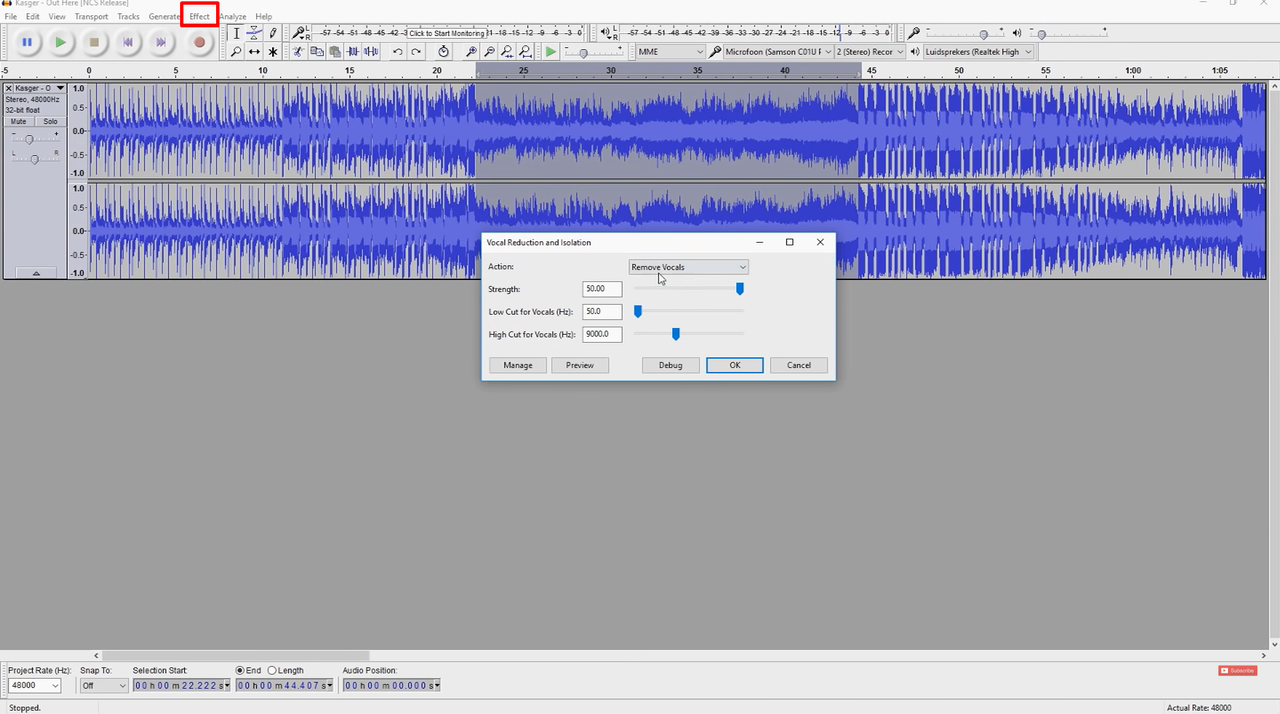 Interface showing how to isolate vocals in Audacity using vocal reduction tool