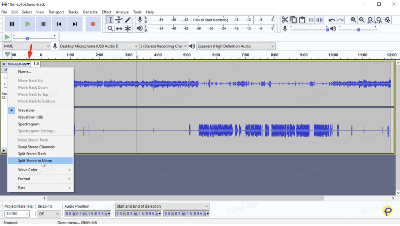 Interface showing how to extract vocals from a song in Audacity by splitting the audio channels