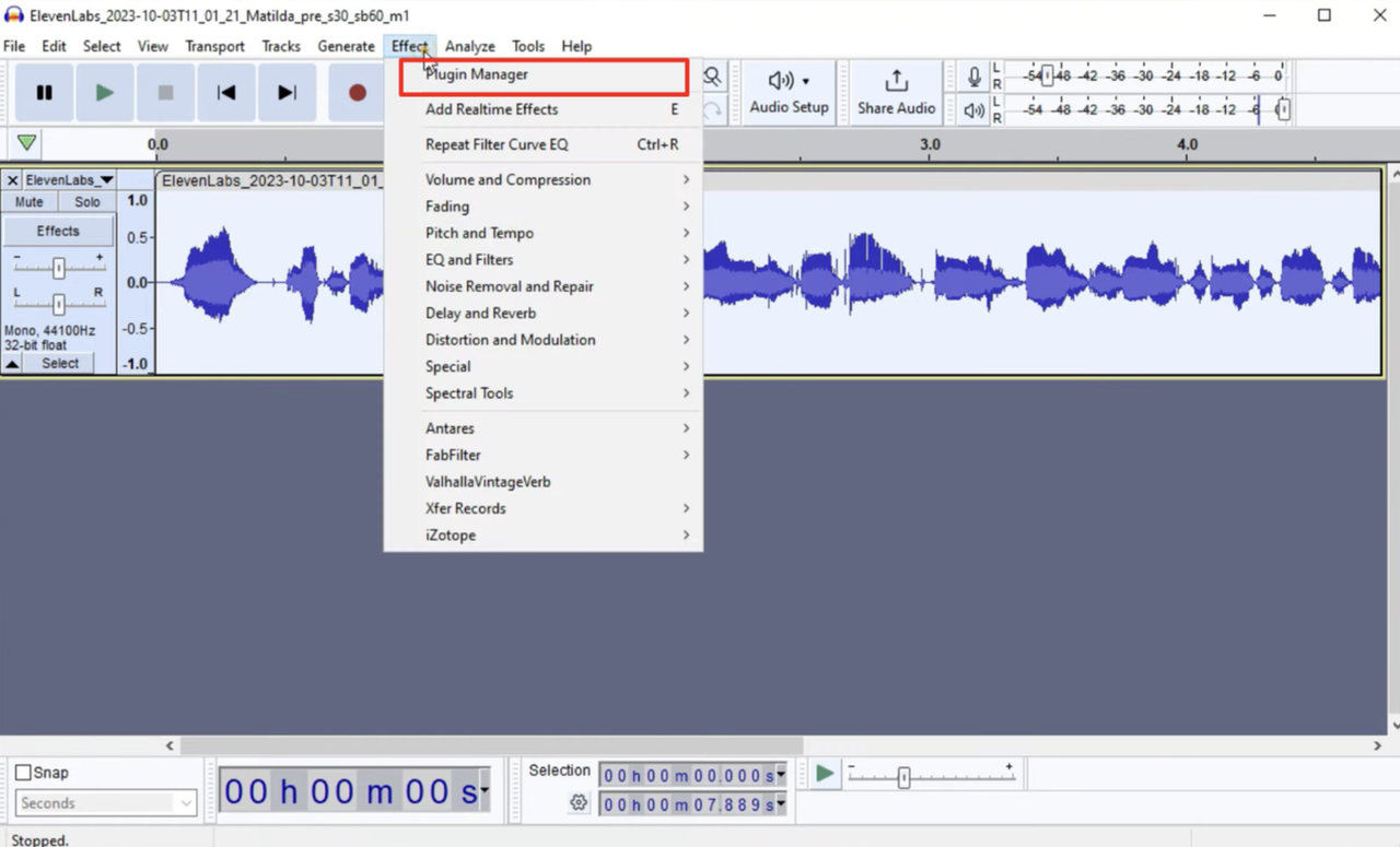 Interface showing how to remove voice in Audacity using AI Plugins